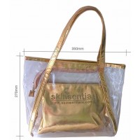 A stylish, see-through all-purpose tote bag with removable smaller bag inside. 